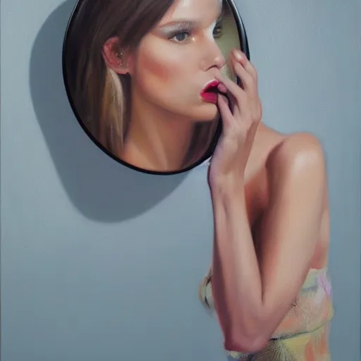 Image similar to fashion model in mirror, hyperrealism oil painting portrait