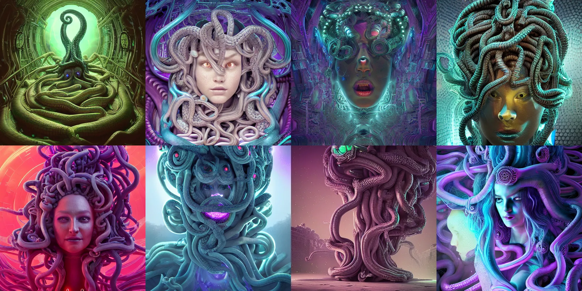 Image similar to beautiful medusa gorgon, cosmic horror, abstract, ghostly, arcade, duotone, poltergeist, epic lighting, intricate, elegant, highly detailed, smooth, sharp focus, unreal engine 5, raytracing, in the style of beeple and mike winkelmann, ultraviolet colors,