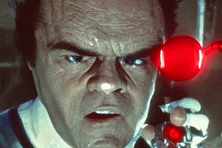 Prompt: Jack Nicholson in costume of Pikachu Terminator, scene where his endoskeleton gets exposed and his eye glows red, still from the film