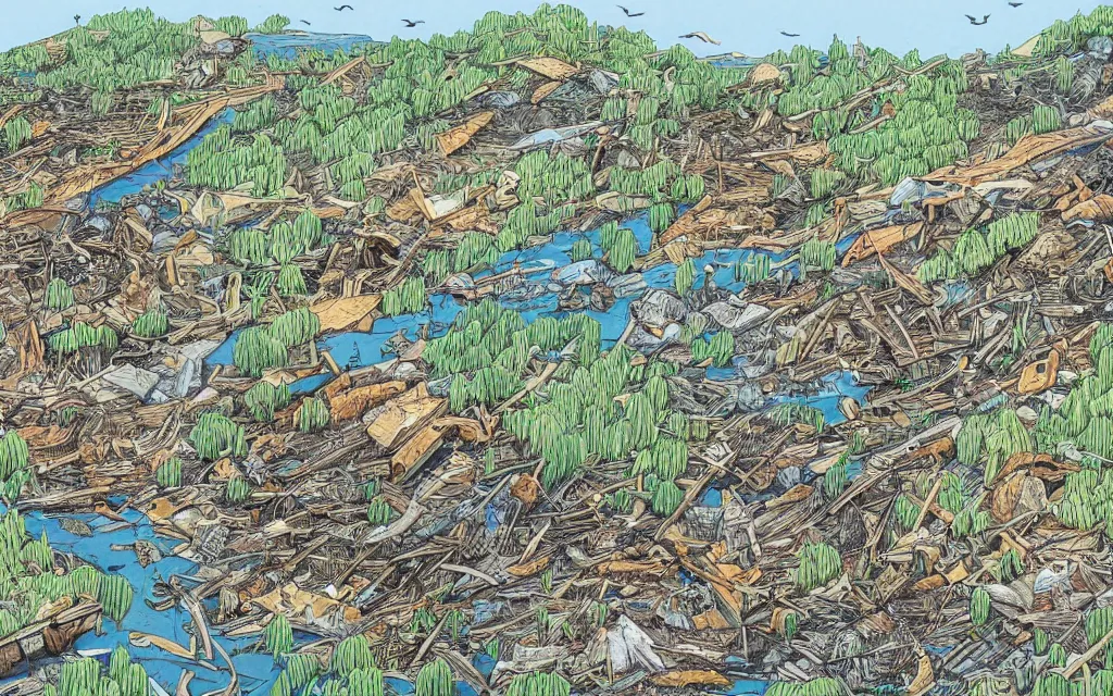 Image similar to very detailed illustration of disastrous environmental consequences of human negligence,