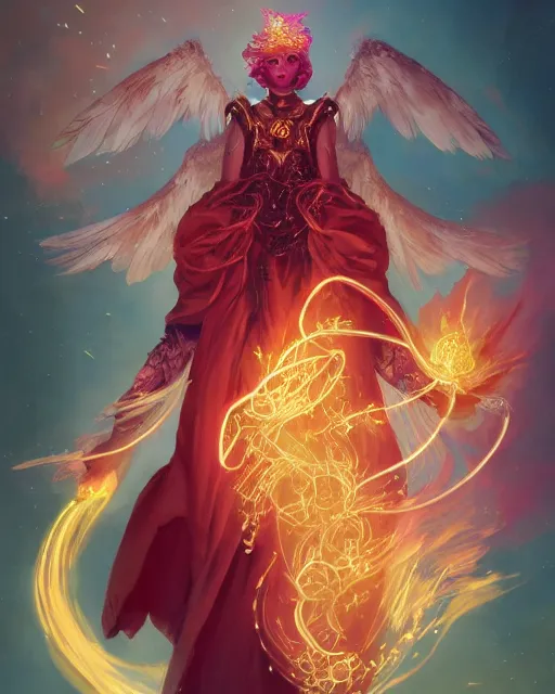 Image similar to a character portrait of only one male angel of justice with golden fiery wings, surrounded with spiriling sparkling rose crystals, by peter mohrbacher, hyper light drifter, by ilya kuvshinov katsuhiro, jim burns, wadim kashin, greg rutkowski, trending on artstation