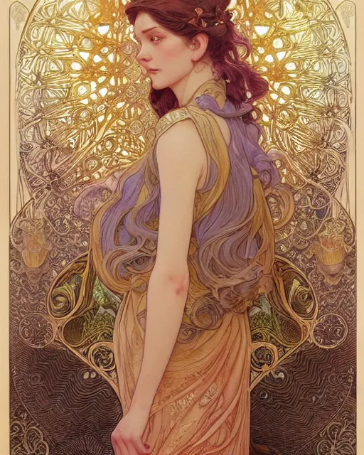 Prompt: god, highly detailed, very intricate, art nouveau, gold filigree, romantic storybook fantasy, soft cinematic lighting, award - winning, disney concept art watercolor illustration by mandy jurgens and alphonse mucha and alena aenami, pastel color palette, featured on artstation