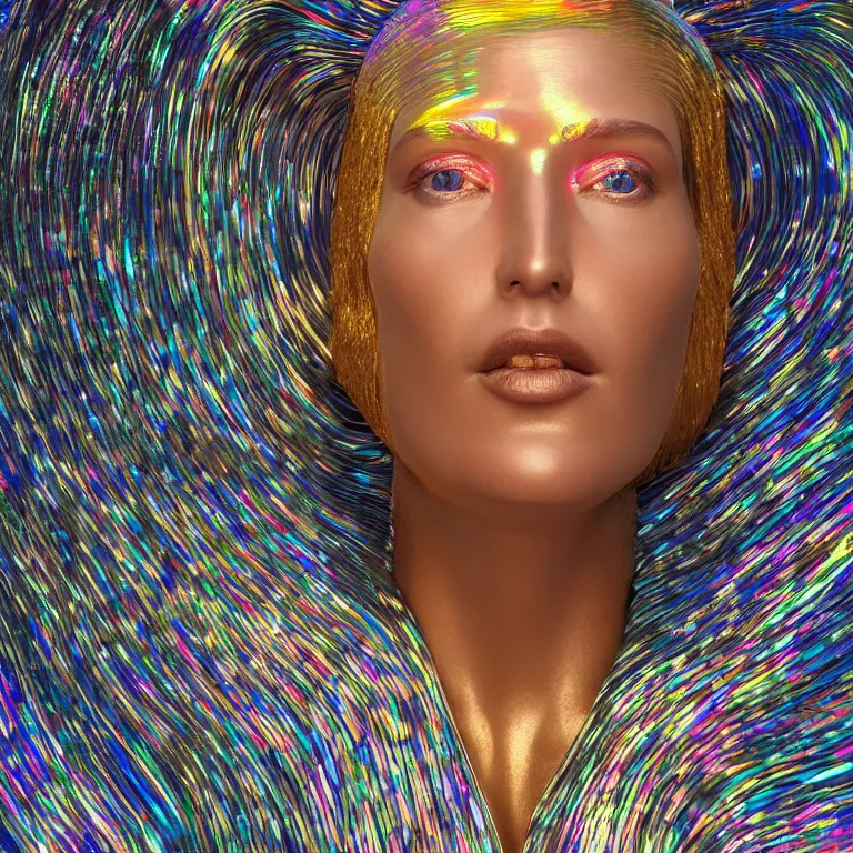 Prompt: octane render portrait by wayne barlow and carlo crivelli and glenn fabry, a giant beautiful woman made out of shiny smooth reflective colorful iridescent metal inside a giant massive dramatic cavernous art gallery, cinema 4 d, ray traced lighting, very short depth of field, bokeh