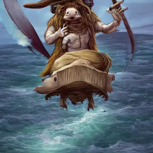 Image similar to incredibly fantastically stupendously exagerratedly fluffy incredibly tiny winged pygmy baby manatee platypus hybrid being cradled by a pirate captain the deck of his ship, realistic, fantasy, pet, adorable, national geographic