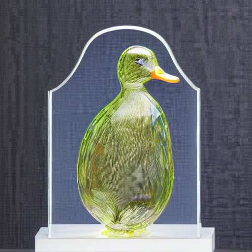 Prompt: A transparent sculpture of a duck made out of glass