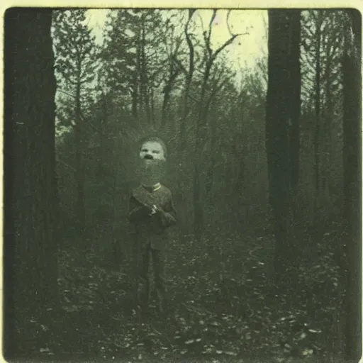 Prompt: man with the upside down face in woods, creepy, 1910 Polaroid