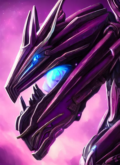 Image similar to cinematic goddess close shot, cosmic size beautiful stunning hot giant robot mecha female dragon, sharp cyborg dragon head, mawshot, metal ears, led purple eyes, smooth fuschia skin, smooth silver armor, in space, epic proportions, macro, epic size, epic scale, furry art, dragon art, giantess art, warframe fanart, furaffinity, octane