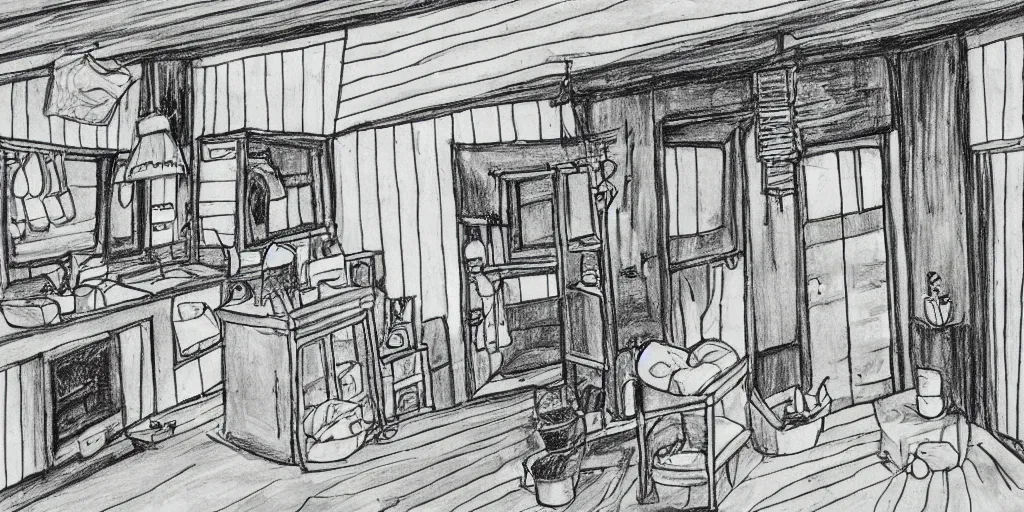 Prompt: studio Ghibli, the interior of a small cottage, black and white drawing