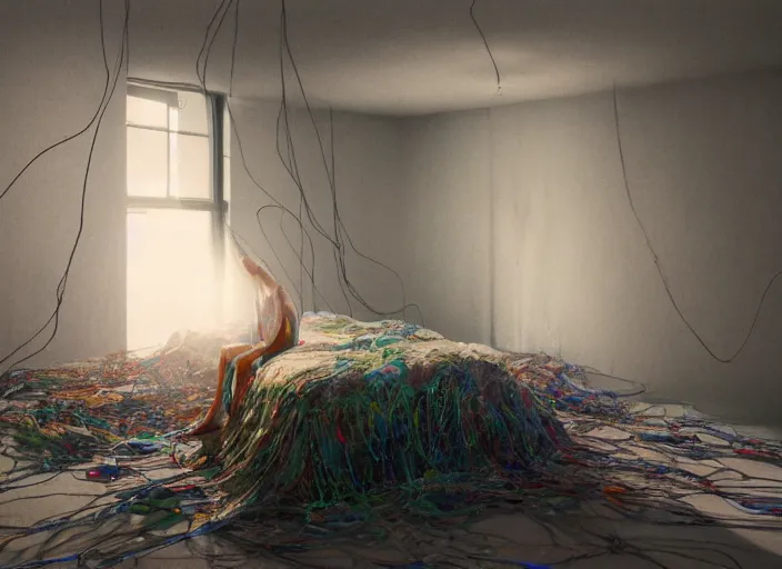 Image similar to rgb, woman, bedroom full of rocks, cinematic, movie scene, inspired by zdzislaw beksinski, clothes made out of veins,, cables everywhere, bedroom, ultra realistic, concept art, intricate details, highly detailed, photorealistic, octane render, 8 k