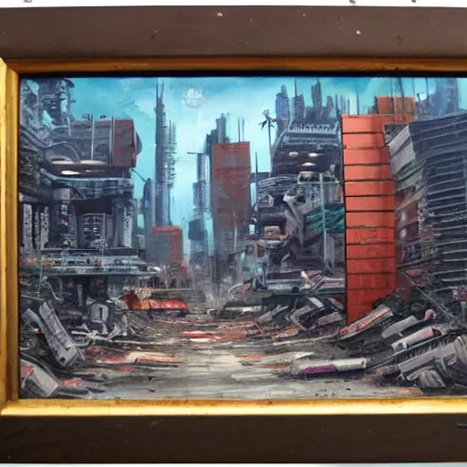 Prompt: a cyberpunk city after a nuclear war, oil painting