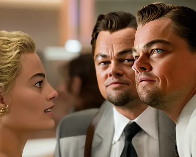 Image similar to leonardo dicaprio as the wolf of wall street next to margot robbie as naomi from the wolf of wall street, hyper realistic faces, beautiful eyes, cinematic, long shot, hyper detailed, 8 5 mm photograph, 8 k resolution, film still, sharp lens, wide lens