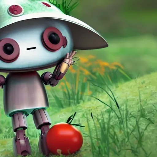 Prompt: cute little smiling robot with tomato hat and one chive in one hand, made in abyss style, standing on a forest