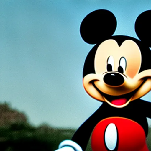 Image similar to Mickey Mouse as a human, photorealistic, film still, desolate