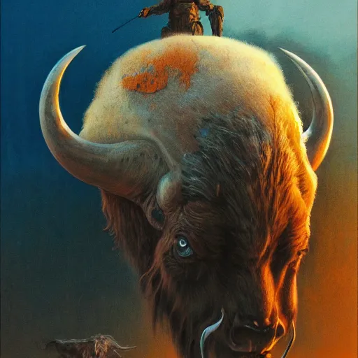 Image similar to portrait of Josh Allen wearing Bison head, dark fantasy, Warhammer, artstation painted by Zdzisław Beksiński and Wayne Barlowe