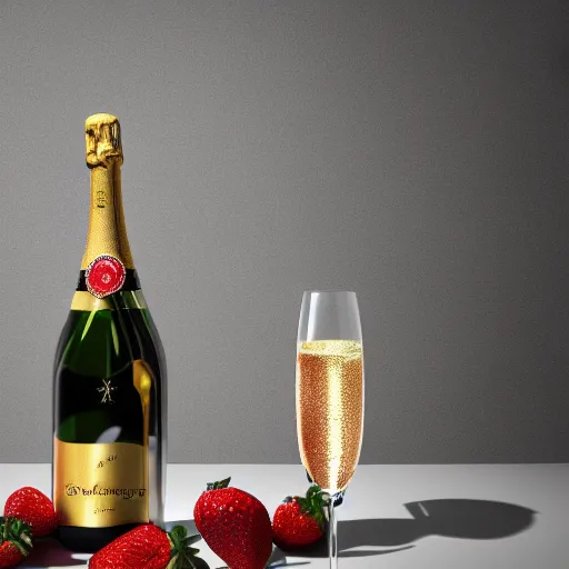 Prompt: gold bottle of champagne, champagne glass filled, strawberry in glass, detailed bubbles,, glistening, highly detailed, octane render