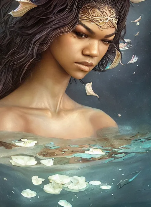 Image similar to dramatic upper body portrait of Zendaya as a dark-skinned mermaid by Ruan Jia and Mandy Jurgens and Artgerm and william-adolphe bouguerea, underwater, white lilies, shells, mirror, marvel comics, intricate, highly detailed, smooth, artstation, digital illustration by julie bell and Ruan Jia and Mandy Jurgens and Artgerm and William Adolphe Bouguereau and John Collier and Greg Rutkowski and Frank Frazetta