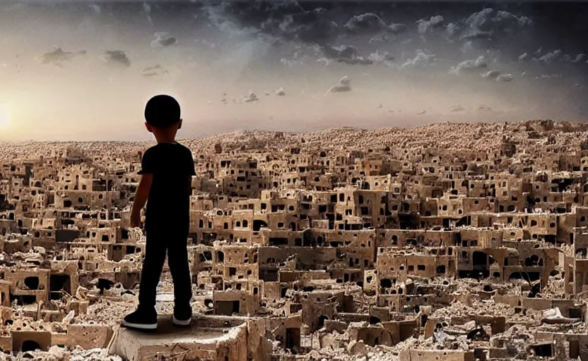 Image similar to “little boy figure lost (in the middle of the scene), epic view of Hummus in Syria in destruction, evening time clear sky, sad atmosphere, ruins, heartbreaking landscape, hyperdetailed, hyperrealism, trending on artstation, award winning photograph, photograph taken by Margaret Bourke-White, photorealistic, 8k, concept art, cinematographic, uhd, epic lighting”