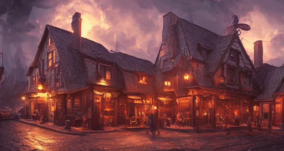 Image similar to alchemy tavern, hyperdetailed, artstation, cgsociety, golden hour 8 k, volumetric lighting, could tones