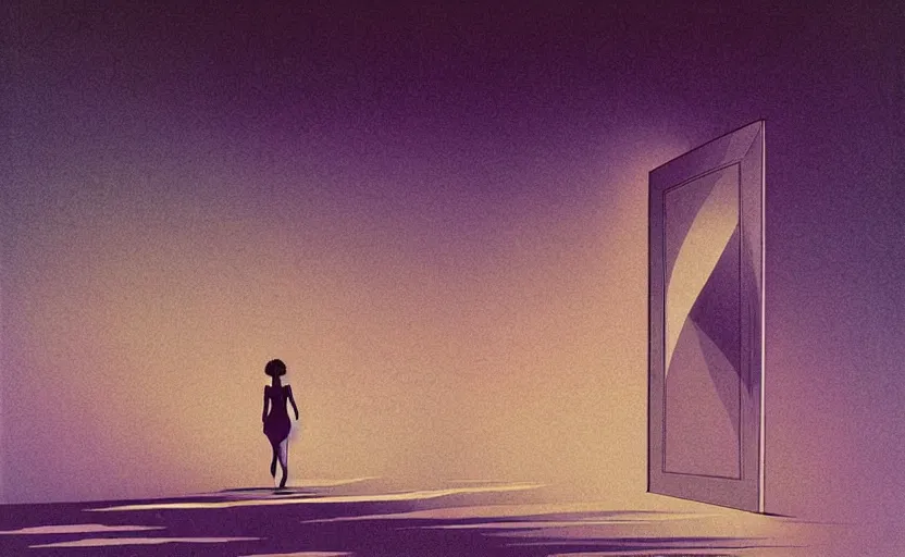 Prompt: a woman walking towards a door that leads to the sky, art by peter lloyd, intricate, elegant, sharp focus, illustration, highly detailed, matte, sharp focus, illustration, art by peter palombi, movie poster, 7 0 s scifi, cinematic still