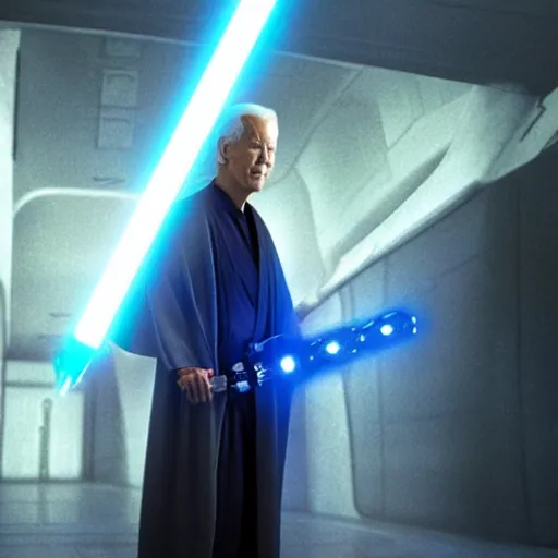 Image similar to Joe Biden as a Jedi knight, standing in a spaceship corridor. He has a blue lightsaber in his hand, and the light from it illuminates the scene. Industrial light and magic. Filmic. Heavy atmosphere. Photorealism.