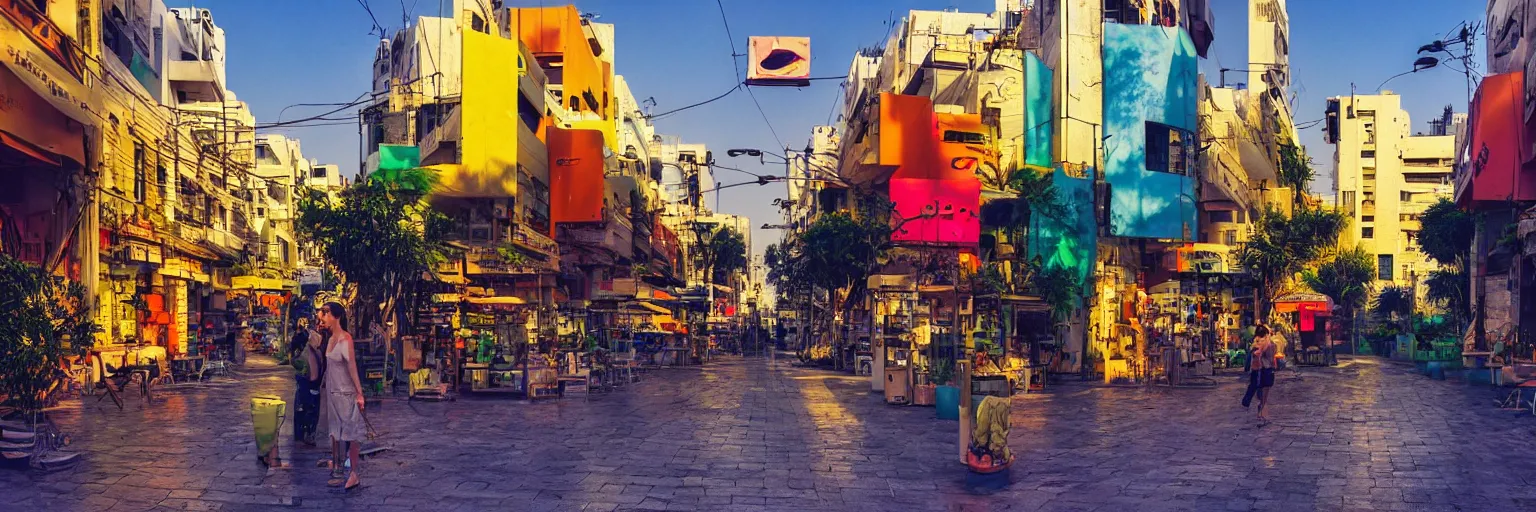 Image similar to the streets of tel aviv, israel, summer, morning, vivid colors, neon, art by gregory crewdson and artgerm and wlop and william - adolphe bouguereau