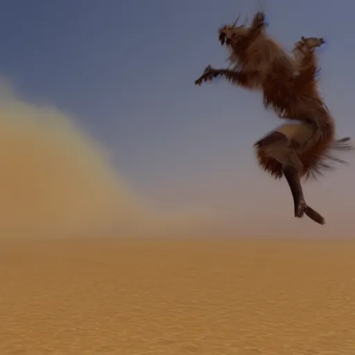 Image similar to bingus flying through the sandstorm in 4 k definition