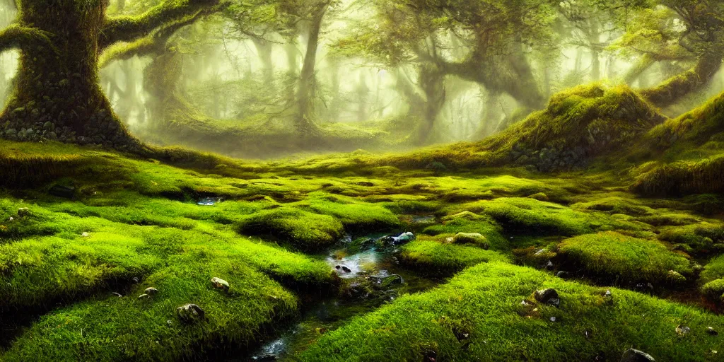 Prompt: gorgeous fields of moss landscape with glistening water, magical forest, brightly colored, magical, fantasy, landscape, beautiful, intricate details, highly detailed, sharp focus, concept art, digital painting, trending on artstation, still, screenshot, photo, photograph