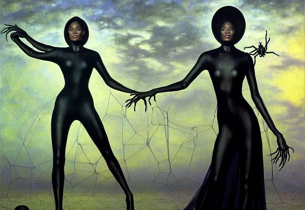 Image similar to realistic detailed portrait movie shot of a beautiful black woman in a transparent sheer suit raincoat dancing with a giant spider, futuristic sci fi landscape background by denis villeneuve, jean delville, monia merlo, yves tanguy, ernst haeckel, alphonse mucha, max ernst, caravaggio, roger dean, sci fi necklace, masterpiece, dreamy, rich moody colours