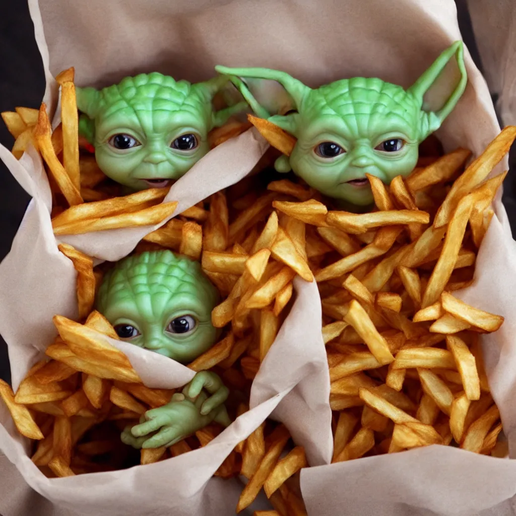 Image similar to baby yoda inside a bag of french fries