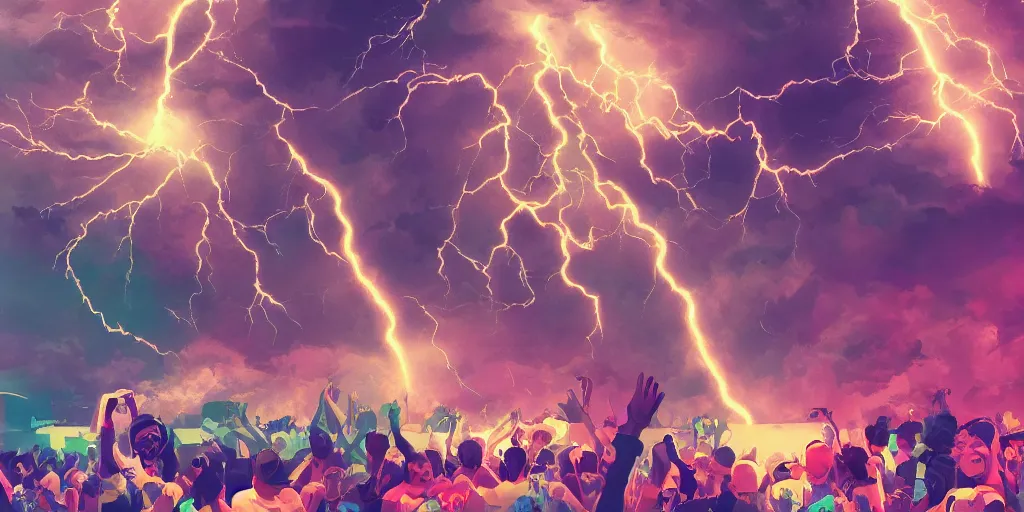 Image similar to Lightning strikes while rapper leaning over huge crowd reaching up to him, digital art, vapor wave, hip hop, surreal, trending on Artstation, professional artist, detailed, 4k