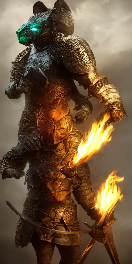 Image similar to full body portrait of half rat knight holding a great sword made of fire, anthropomorphic, prompt:hyper realistic, high detail, photo realistic, cinematic lighting, rendering by octane, spot lighting, in a open field, high quality, coherent. green hue armor