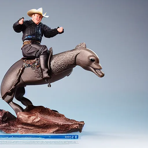 Image similar to john wayne riding a dolphin. action figure by hot toys. studio lighting.