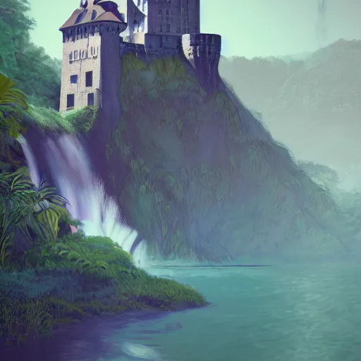 Prompt: a painting of a castle with a waterfall in front of it. unreal engine 5, digital painting, vertical, intricate, beautiful, detailed, grunge, sharp focus, abstract art by kuvshinov and el lissitzky and artgerm and kandinsky, trending on artstation. gradient darker to bottom