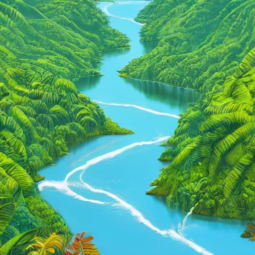 Prompt: amazon river winding through the rainforest, concept art, illustrated, highly detailed, high quality, bright colors, optimistic,