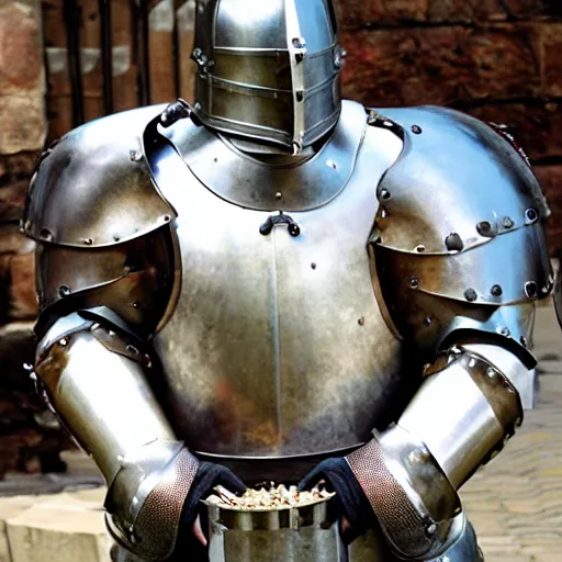 Prompt: medieval knight with armor made of ham