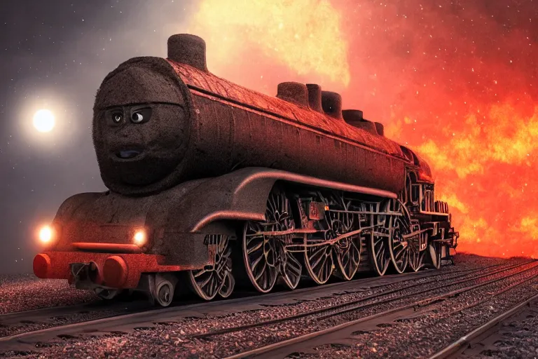 Prompt: devil train fiery black smoke locomotive blazing throguh dark forest, eerie moon eclipse, hyper realistic, ambient lighting, concept art, intricate, hyper detailed, smooth, dynamic volumetric lighting, octane, raytrace, cinematic, high quality, high resolution, 4 k, cgsociety, rutkowski, gurney