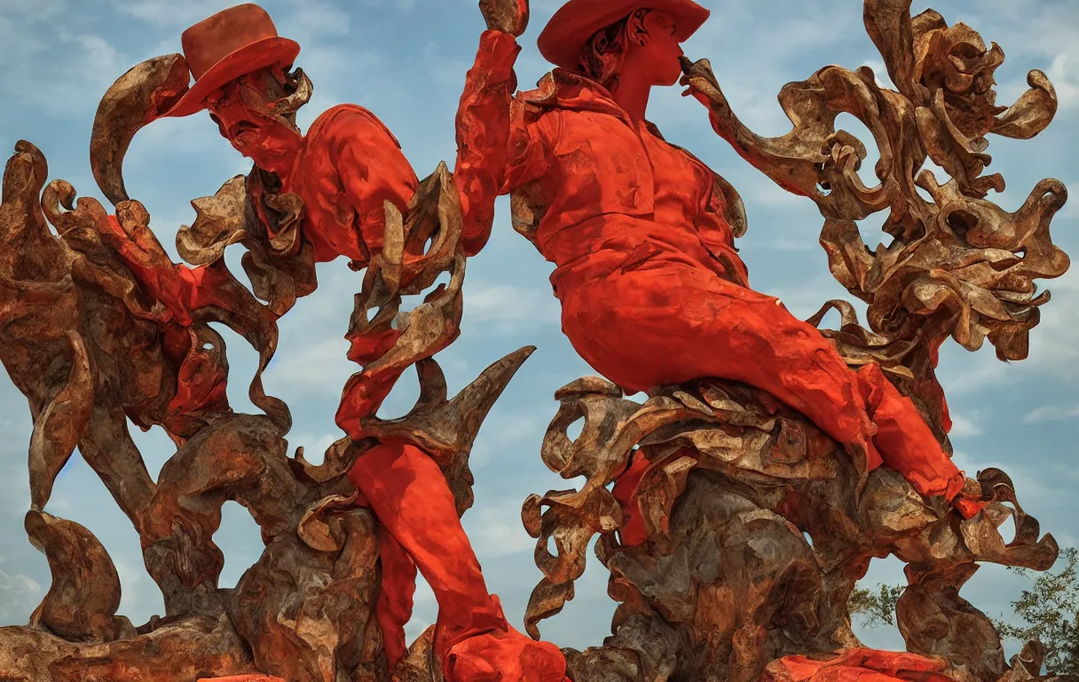 Image similar to a cowboy turning into blooms by slim aarons, by zhang kechun, by lynda benglis. tropical sea slugs, angular sharp tractor tires. complementary colors. warm soft volumetric dramatic light. national geographic. 8 k, rendered in octane, smooth gradients. sculpture by antonio canova. red accents.