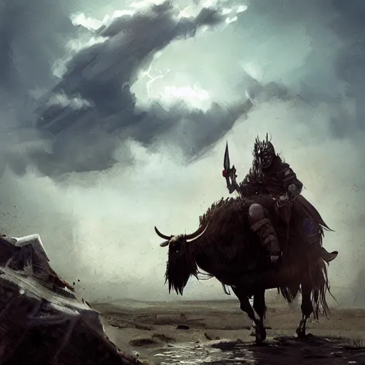 Image similar to Walter white as a dark fantasy warrior riding an armored yak, made by Greg Rutkowski