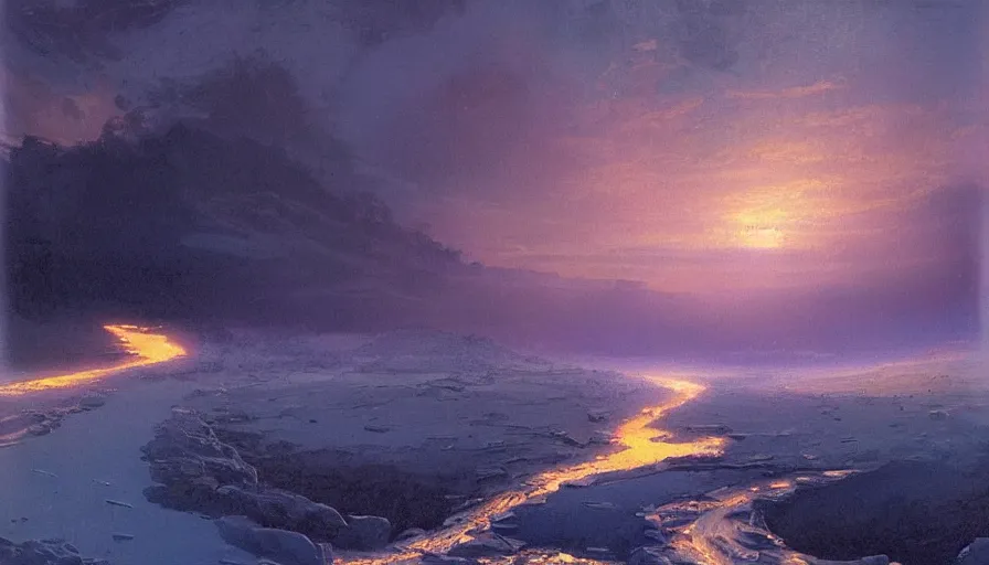 Image similar to river of blue fire, ice color scheme, intricate detailed painting, low angle, morning, artstation, john harris