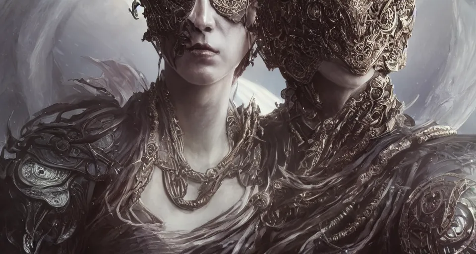 Prompt: a photorealistic dramatic fantasy render of a beautiful lich queen wearing a beautiful intricately detailed eldritch mask and armour kimono by wlop, artgerm, greg rutkowski, alphonse mucha, beautiful dynamic dramatic dark moody lighting, shadows, cinematic atmosphere, artstation, concept design art, octane render, 8 k