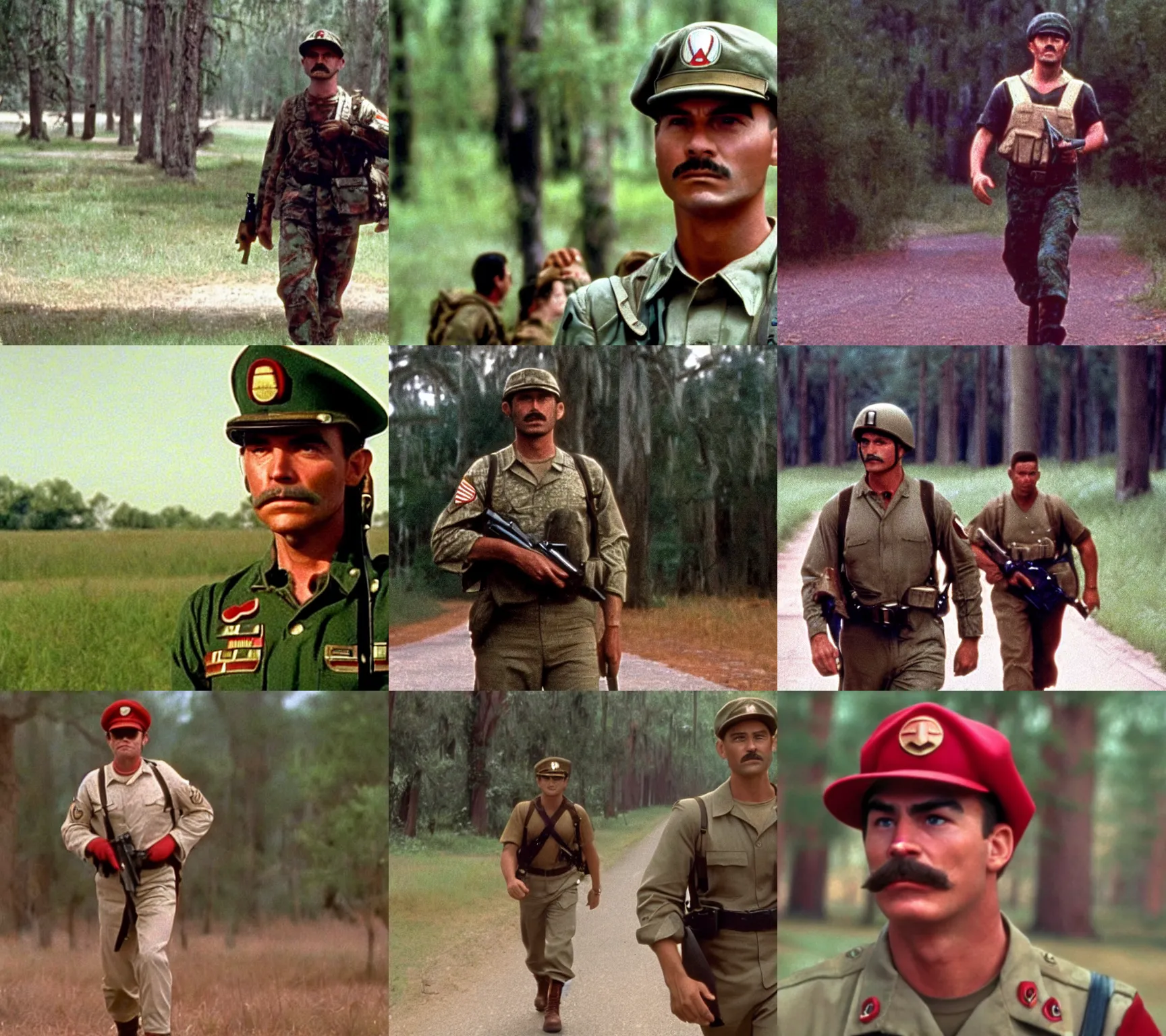 Prompt: cinematic still of Mario as a soldier in the movie Forest Gump (1994)