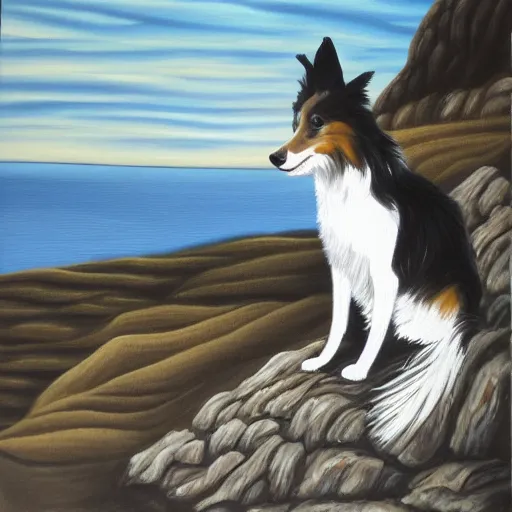 Image similar to A black and white Sheltie on a bluff in Orkney. Acrylic on canvas