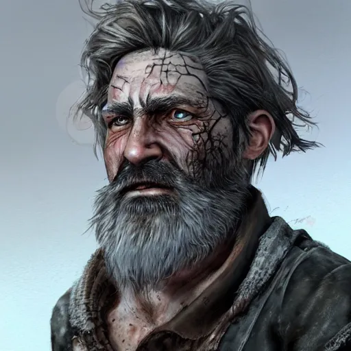 Prompt: centered detailed portrait of an old smuggler with a huge beard:: post apocalyptic, Fallout style, destroyed city on background::old grunge skin, scars, mutation::realistic character concept, identical eyes, gazing eyes, beautiful eyes medium shot, elegant pose, fantasy, illustration, slender symmetrical face and body, artstation, cinematic lighting, hyperdetailed, cgsociety, 8k Resolution, high resolution, Charlie Bowater, Tom Bagshaw, Tom Richmond, single face, insanely detailed and intricate, beautiful, elegant, golden ratio, vfx, psychedelic