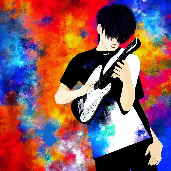 Prompt: abstract, a young korean male musician wearing black tank top holding a telecaster!!! electric guitar!! explodes in abstract, thick flowing dramatic brush strokes, strong wind, white background, matte colors, impressionist, extreme motion, trending on artstation