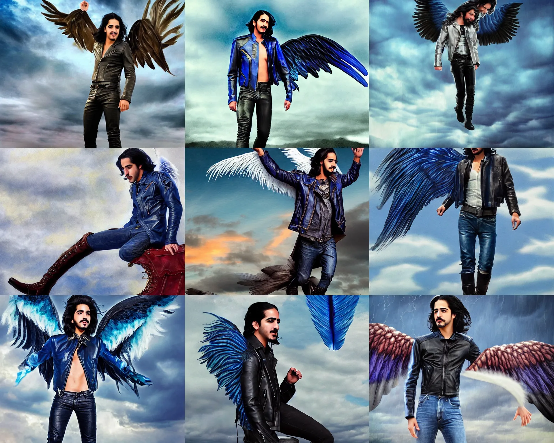 Prompt: beardless angel avan jogia with blue-feather wings. Leather jacket, boots and jeans. Floating in a stormy sky. Distant full body shot. Artwork by Alex Ross