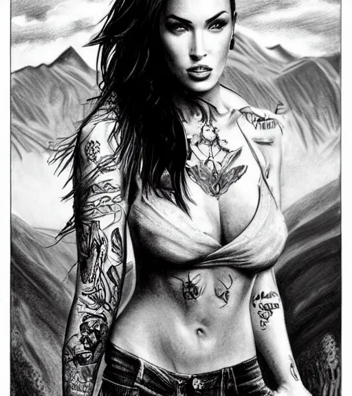 Image similar to tattoo design sketch of megan fox against a background of beautiful mountains and nature, hyper - realistic, in the style of den yakovlev, amazing detail, black and white
