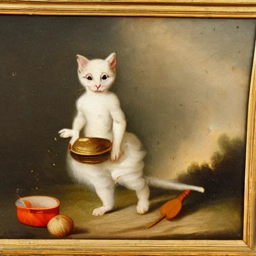 Image similar to an eighteenth century highly detailed oil painting of a kitten wearing a chef's outfit