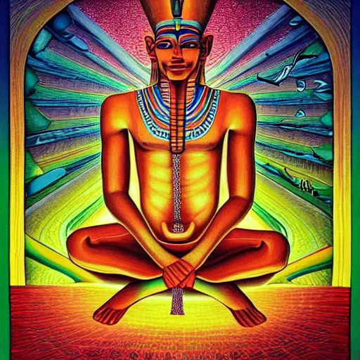 Prompt: painting of a Egyptian pharaoh meditating under a tree by Alex Grey, acrylic art, ethereal, soothing, somber, elegant, warm light, cozy, glows,