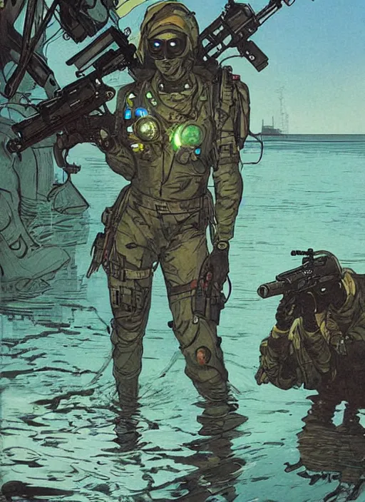 Prompt: Sonya. USN blackops operator emerging from water at the shoreline. Agent wearing Futuristic stealth suit and looking at an abandoned shipyard. rb6s, MGS, and splinter cell Concept art by James Gurney, Alphonso Mucha. Vivid color scheme.