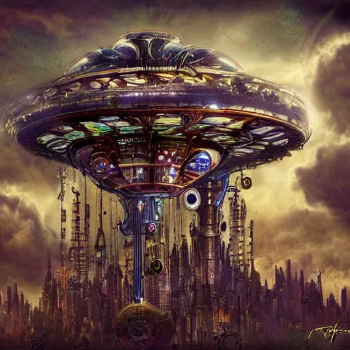 Prompt: flying city in a mechanical flower, sky, fantasy art, steampunk, masterpiece, behrens style